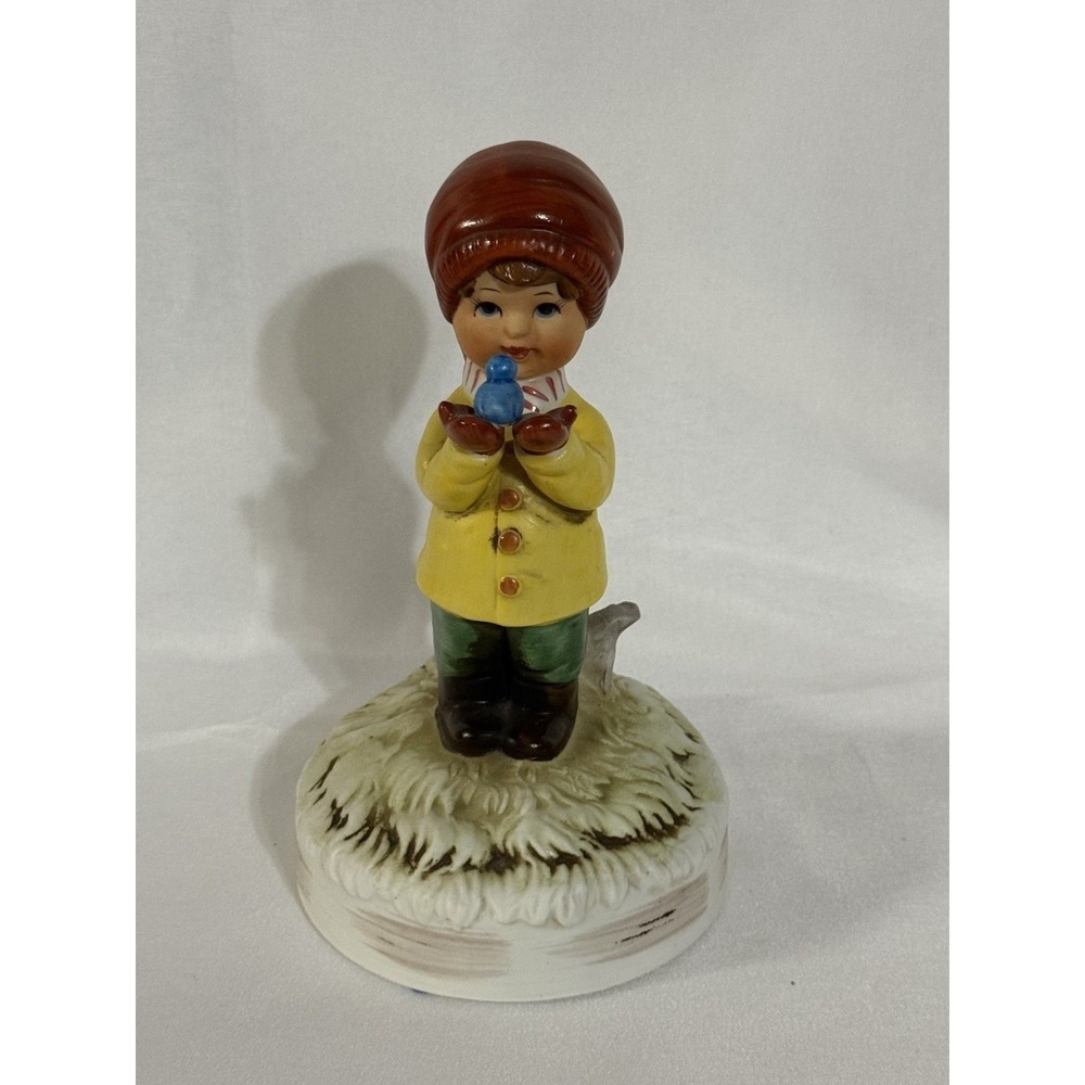 Vintage 1960s Gorham Japan Music Box Figurine Girl w Bird Hummel Style